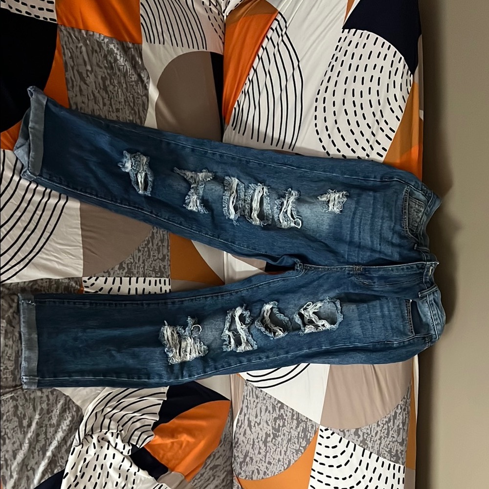 SHEIN Blue Distressed Boyfriend Jeans